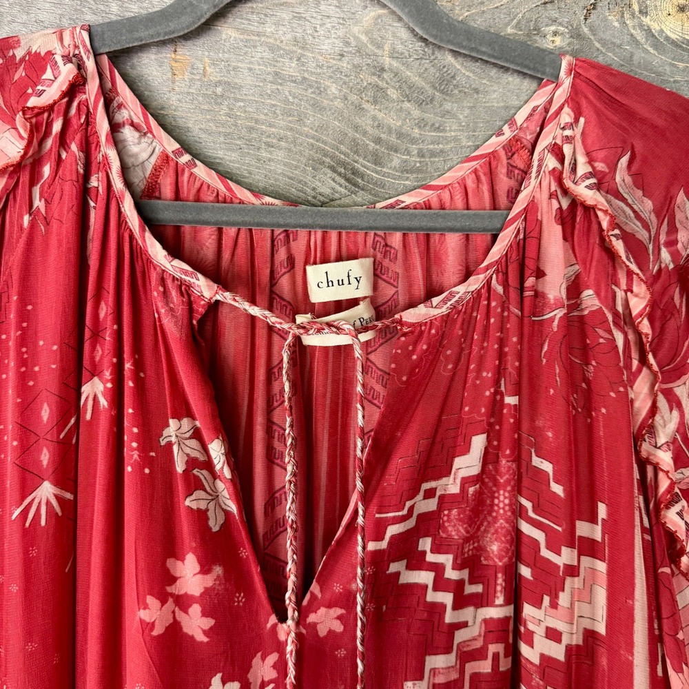 Chufy Paracas Caftan Dress S Red Pink Floral Tiered Maxi Boho Resort Luxury Vaca - Picture 6 of 15